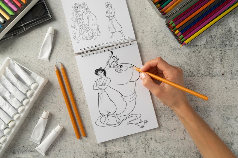 Prinses Jasmine & Aladdin kleurplaten voor meisjes, Genie, Abu, Jafar, Iago stripfiguren kleurplaten voor kinderen Direct downloaden afbeelding 10
