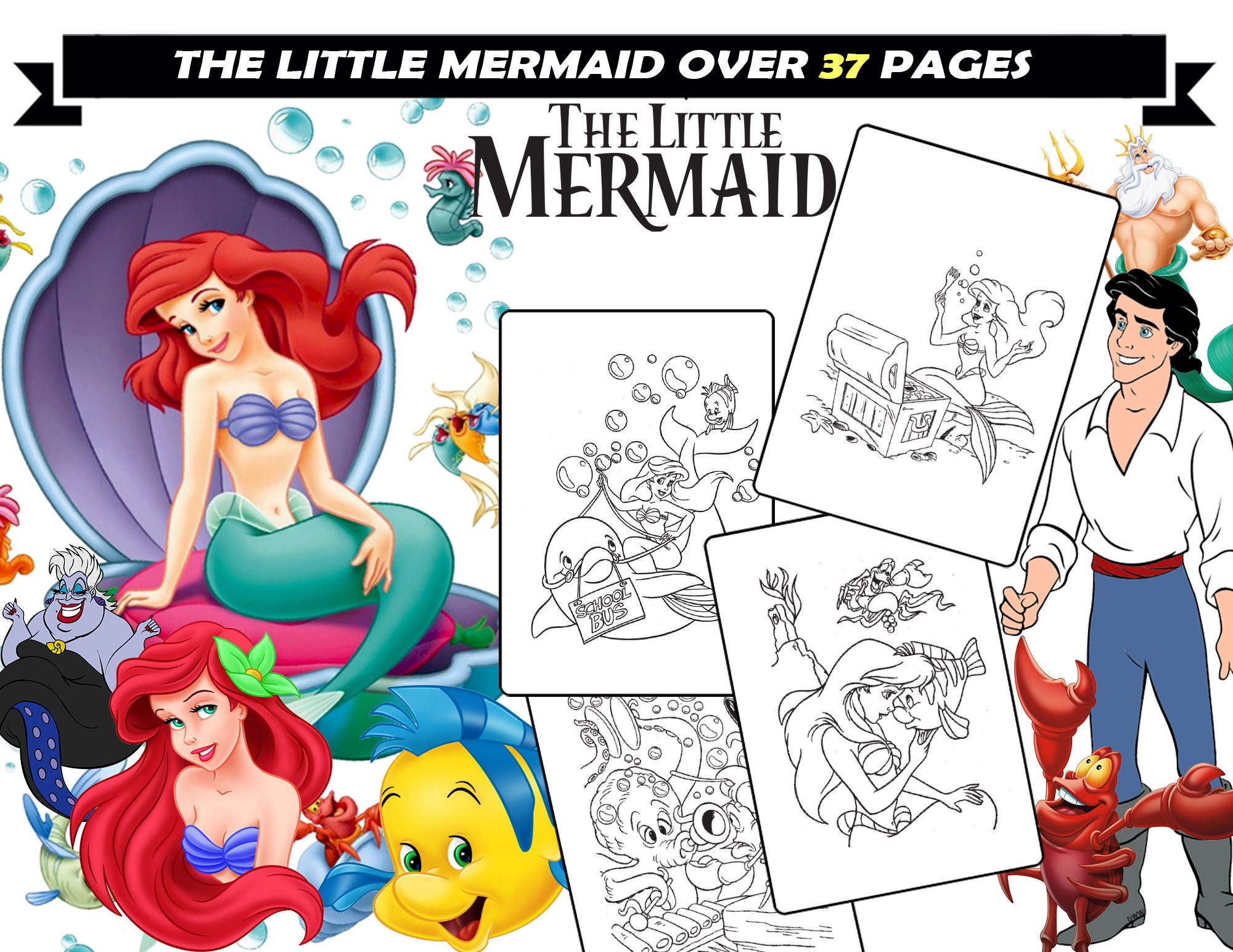 Little Mermaid Coloring Book for Kids, Ariel, Sebastian, Flounder