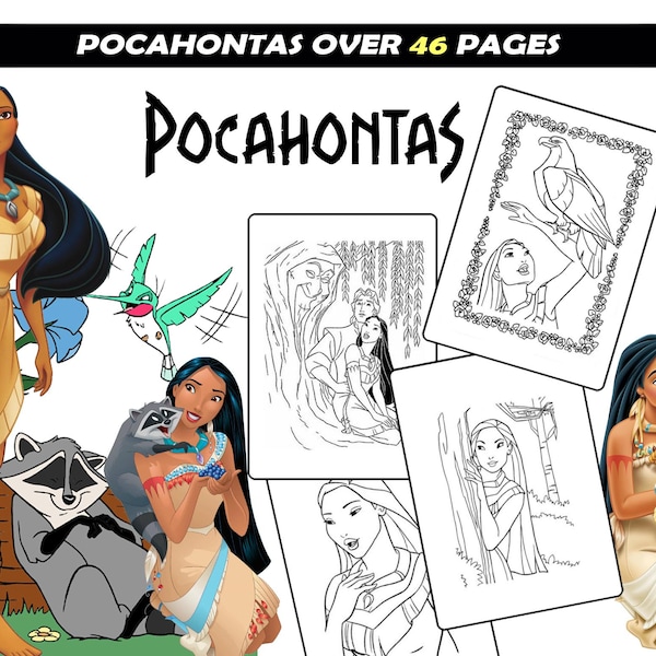 Pocahontas, Meeko, John Smith cartoon characters coloring pages for girls, Princess coloring sheets, Instant Download coloring book children