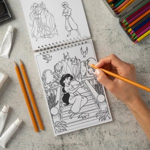 Prinses Jasmine & Aladdin kleurplaten voor meisjes, Genie, Abu, Jafar, Iago stripfiguren kleurplaten voor kinderen Direct downloaden afbeelding 2