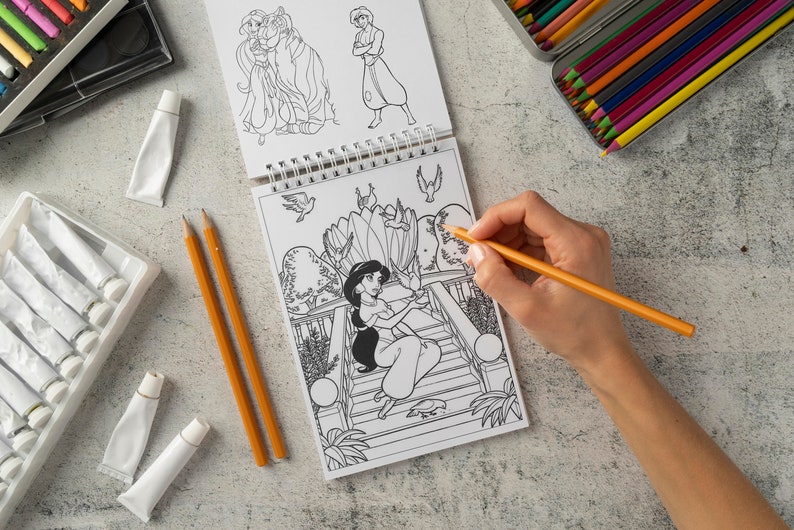 Prinses Jasmine & Aladdin kleurplaten voor meisjes, Genie, Abu, Jafar, Iago stripfiguren kleurplaten voor kinderen Direct downloaden afbeelding 2