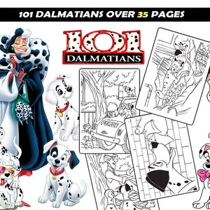 101 Dalmatyńczyk Kolorowanka dla dzieci Cruela de Vil, Perdita, Pongo, Lucky, Rolly Kolorowanki Natychmiastowe pobieranie Kolorowanki kreskówki