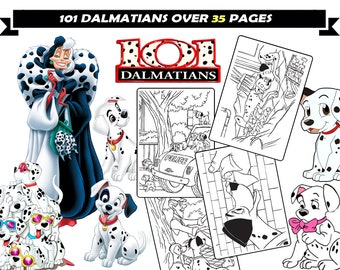 Könnte beinhalten: Ein Schwarzweiß-Malbuch mit dem Disney-Film 101 Dalmatiner. Das Cover zeigt Cruella de Vil, einen Dalmatiner-Welpen und den Titel "101 Dalmatiner".