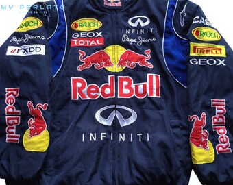 Embroidered Red Bull Racing Jacket, Vintage Bomber Jacket, Red Bull Nascar Streetwear Jacket