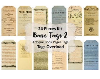 Antique Book Pages Tags 24 Pcs. Base Tags Vol. 2 | Digital Kit, Junk Journal, Vintage, Ephemera, Digital Art, Digital Collage, Clipart