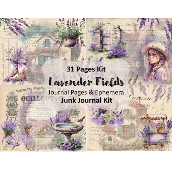 Lavender Fields 31 Pages Junk Journal Kit | Digital Kit, Junk Journal, Vintage, Ephemera, Digital Art, Digital Collage, Clipart