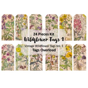 Vintage tags wilde bloemen 24 st. Vol. 1 | Digitale kit, junkjournaal, vintage, kortstondige, Digitale kunst, Digitale collage, Clipart