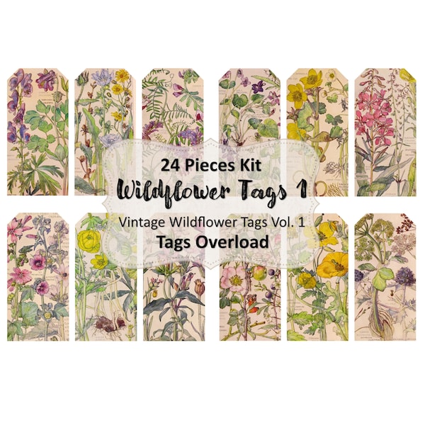 Vintage Wildflower Tags  24 Pcs. Vol. 1 | Digital Kit, Junk Journal, Vintage, Ephemera, Digital Art, Digital Collage, Clipart