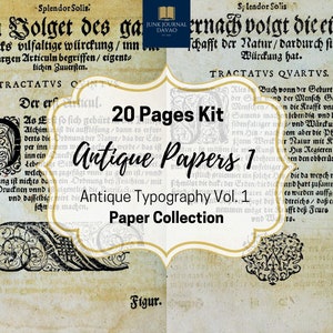 Puede incluir: Una descarga digital de 20 páginas de texturas de papel antiguo con un diseño de tipografía vintage. Los papeles son perfectos para crear arte digital, scrapbooking y otros proyectos creativos.