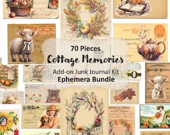 Cottage Memories 70 Pieces Junk Journal Kit Add-on | Vintage, Ephemera, Digital Art, Clipart