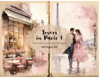May include: A watercolor illustration of a couple walking in Paris, with the Eiffel Tower in the background. The image is part of a 10-page journal kit titled "Lovers in Paris 1: Paris Romance Journal Pages".