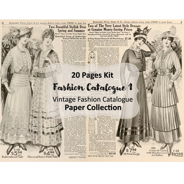 Fashion Catalogue Papers 20 Pages Vol. 1 | Digital Kit, Junk Journal, Vintage, Ephemera, Digital Art, Digital Collage, Clipart