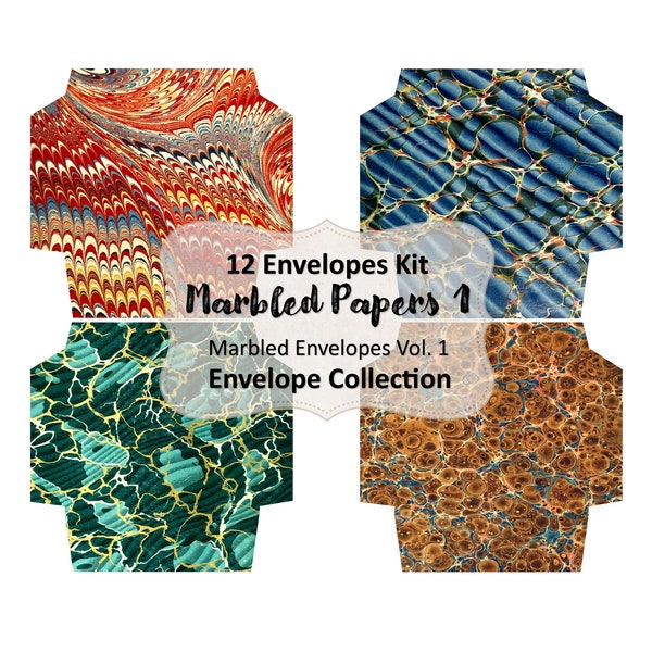 Marbled Papers 12 Pieces Envelope Collection Vol. 1 | Digital Kit, Junk Journal, Vintage, Ephemera, Digital Art, Digital Collage, Clipart