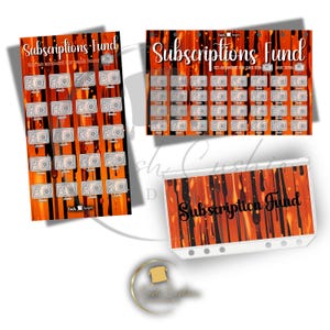 Op de afbeelding: Oranje en zwart gepatroneerd bedrukbaar vel met de tekst "Subscriptions Fund" en een raster van 48 kleine afbeeldingen van een computerscherm met een dollarbiljet erin.