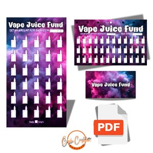 May include: A collection of "Vape Juice Fund" cash budget sheets with a purple and blue cloud background. The sheets feature white vape pen icons for tracking savings. Includes a PDF icon and the "Cash Budgets" logo.