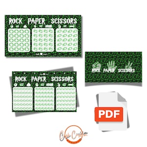 May include: A digital download featuring "Rock Paper Scissors" themed budgeting sheets. The sheets have a green and white color scheme, with the game's symbols and the text "Rock Paper Scissors" displayed prominently. A PDF icon is also present.