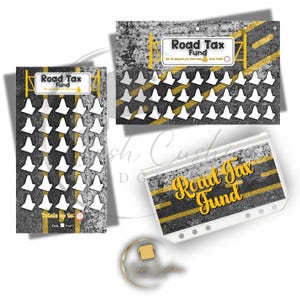 May include: Three printable designs for a road tax fund jar. The designs feature a black and white road with yellow lines and white traffic cones. The text "Road Tax Fund" is in yellow letters.