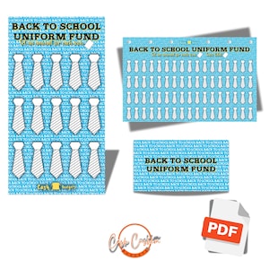 Puede incluir: Conjunto de rastreadores imprimibles "Back to School Uniform Fund". Los diseños presentan filas de corbatas blancas sobre un fondo azul claro. El texto "Back to School Uniform Fund" se muestra en cada rastreador. También hay un icono PDF.