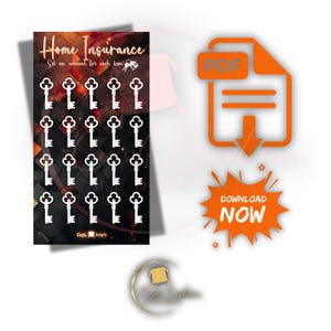 May include: Printable PDF download of a home insurance tracker with 30 keys on a dark red and black background. The text "Home Insurance" and "Set an amount for each icon" is at the top of the page. The text "Cash" and "August" is at the bottom of the page. The text "DOWNLOAD NOW" is in a large orange circle.