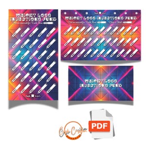 May include: A set of three colorful weight loss injections fund trackers with a PDF icon. The trackers have a gradient background with a grid of pen illustrations. Text includes "Weight Loss Injections Fund" and "Set an amount for Each Icon".