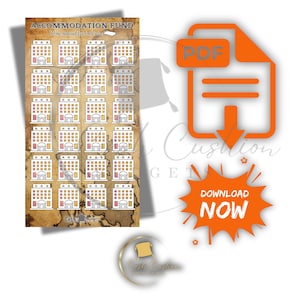 May include: Printable PDF download of 30 accommodation fund tracker stickers. Each sticker features a cartoon building with a red, yellow, and orange color scheme. The stickers are designed to be used for tracking savings for a vacation or trip.