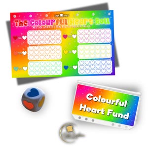 Colourful Heart Roll Dice Savings Challenge | A6 Dashboard with Dice & Optional Zipper Envelope | Cash Stuffing Budget Tracker