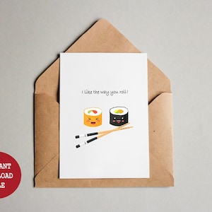 Süße Maki Sushi Karte DIGITAL DOWNLOAD Printable - Lustige kawaii Stil Illustration - Liebe druckbare Karte