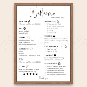 Cartel de bienvenida para anfitriones de Airbnb, alquiler vacacional imprimible, póster de llegada de huéspedes, plantilla para VRBO, cosas que debe saber, reglas de la casa de playa, Wifi