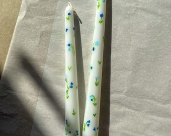 Blue Flower Hand Painted Tapered Candles,Spring Decor, dinner candles, Wedding candles, taper candles, Floral design