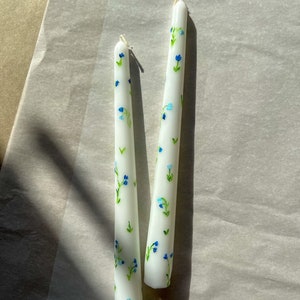 Blue Flower Hand Painted Tapered Candles,Spring Decor, dinner candles, Wedding candles, taper candles, Floral design