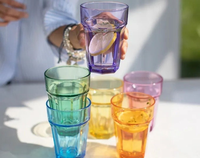 Set Of 6 Colorful beverage Glasses, Drinking Glasses Set, Colorful Glassware, Cocktail Glasses, Water Glasses