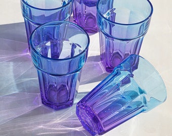 Set Of 6 Blue beverage Glasses, Drinking Glasses Set, Colorful Glassware, Cocktail Glasses, Water Glasses, Blue Glass Cups, Ombre Glasses