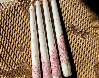 Cherry Blossom Hand Painted Tapered Candles - Wedding Decor,Gift ideas,Birthday,Dinner Candles,Taper Candle,Gift for her