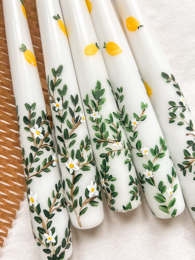 Lemon Tree Hand Painted Tapered Candles, Spring Decor, dinner candles, Spring Candles, taper candles, Floral design image 2