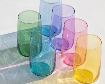 Set Of 6 Colorful beverage Glasses, Drinking Glasses Set, Colorful Glassware, Cocktail Glasses, Water Glasses