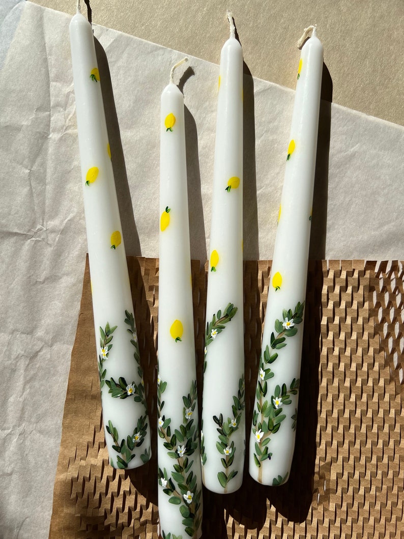 Lemon Tree Hand Painted Tapered Candles, Spring Decor, dinner candles, Spring Candles, taper candles, Floral design image 1