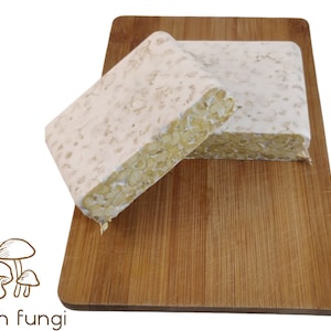 Pode incluir: Dois blocos de tempeh branco em uma t&aacute;bua de cortar de madeira. O tempeh &eacute; um produto de soja fermentado.