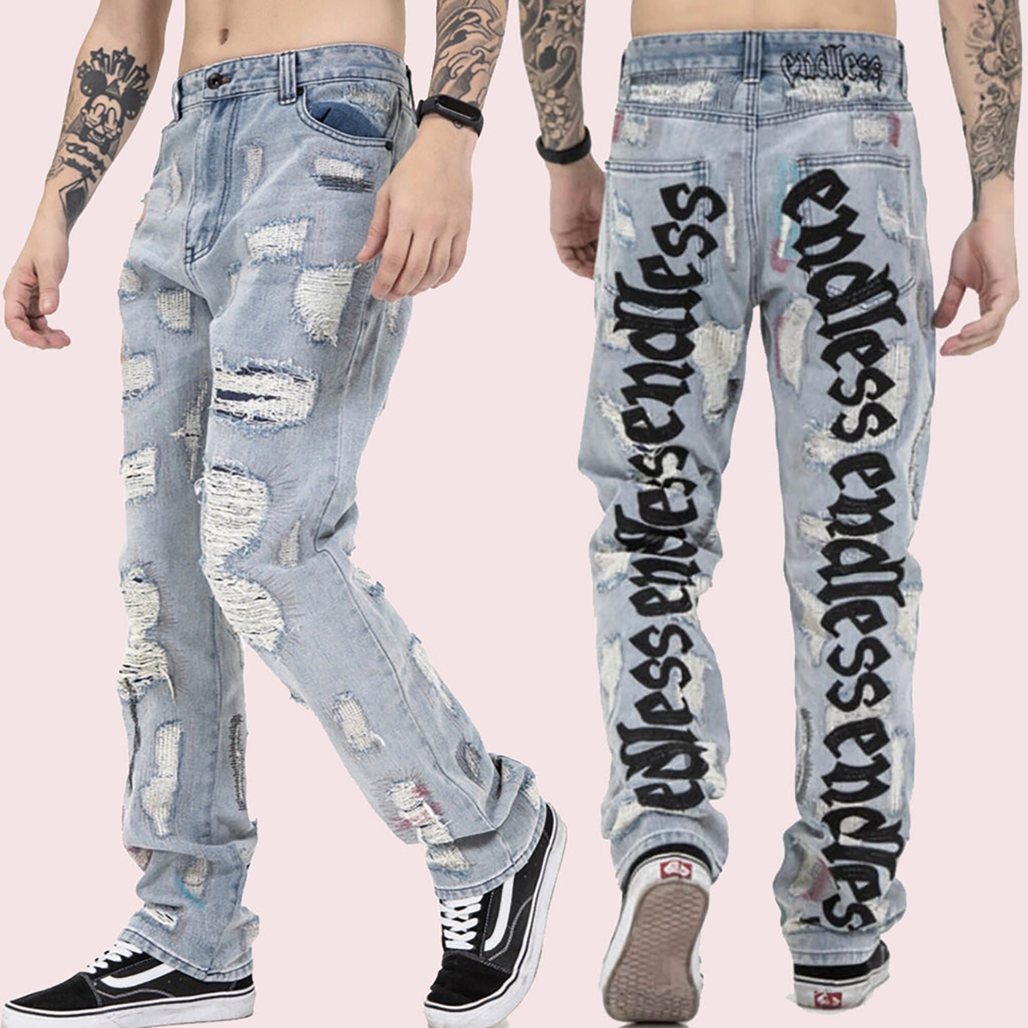 Handmade Black Embroidery Ripped Denim 