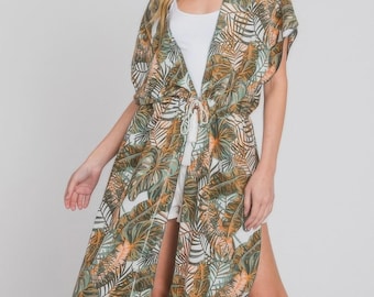 Tropical Leaves Print Self-tie Drawstring Cover Up