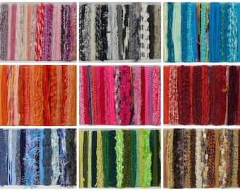 Fiber Art Yarn Bundle - 15 Mini Skeins in 9 Unique Color Options - Novelty Yarn in 1/2/3 Yard Lengths