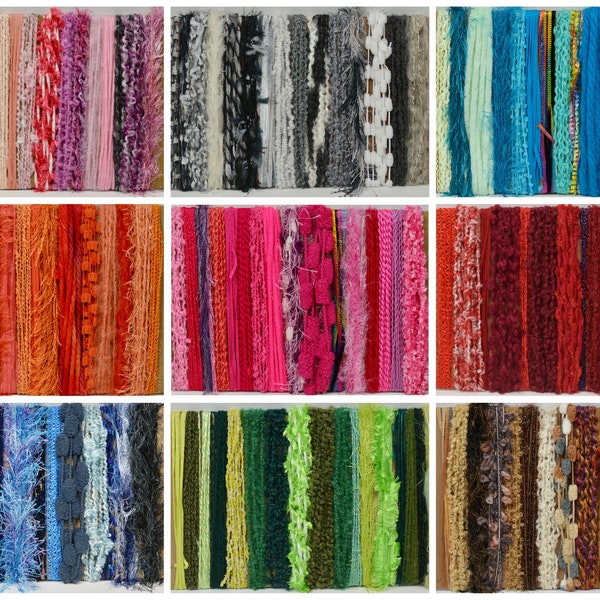 Fiber Art Yarn Bundle - 15 Mini Skeins in 9 Unique Color Options - Novelty Yarn in 1/2/3 Yard Lengths