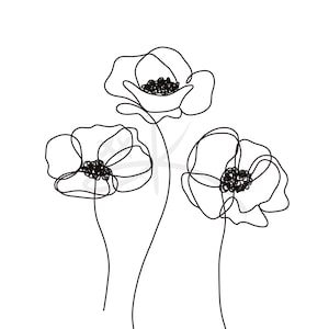 Poppies Wall Art, Flowers Drawing, Black and White Line Art, Poppies Art