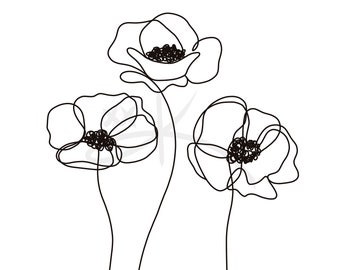 Mohnblumen Wandkunst, Blumen Zeichnung, Schwarz weiß Line Art, Mohnblumen Kunst