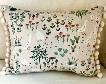 Country living linen design 12”x16” cushion with pom-poms