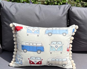 Camper Van design cushion with pom-poms