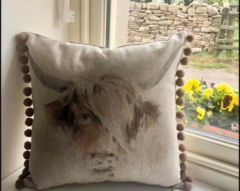 Highland Cow cushion covers with pom-poms