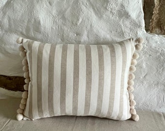 Linen Stripe cushion covers/cushions with pom-poms