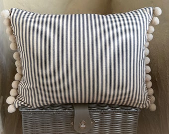 Navy and Cream Ticking Stripe cushions with pom-poms