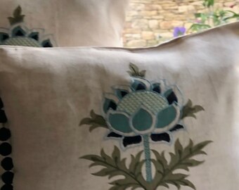 Laura Ashley Thistle design cushion with pom-poms
