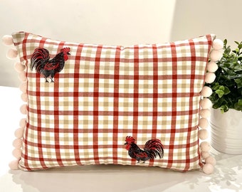 Red check cockerels design cushion